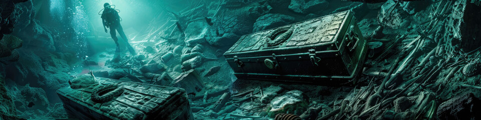 A diver approaches ancient chests in a submerged, algae-covered historical site - obrazy, fototapety, plakaty