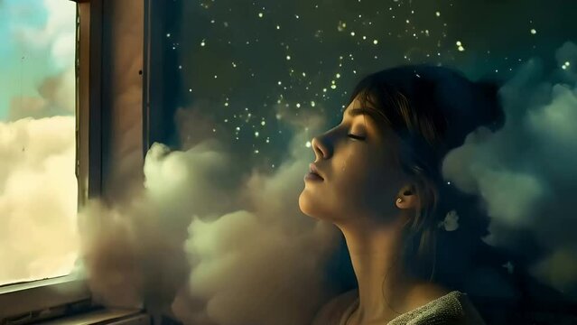 woman sitting in front of window, her eyes closed, clouds and sparks surrounding, dreamer concept