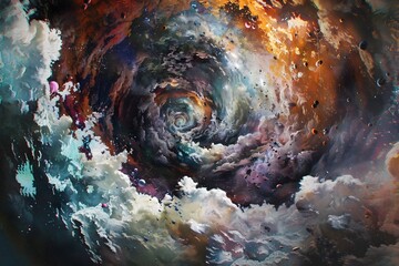 Obraz premium A painting of a spiral galaxy with clouds and stars. The colors are bright and vibrant, giving the impression of a swirling, dynamic space. The painting is full of energy and movement