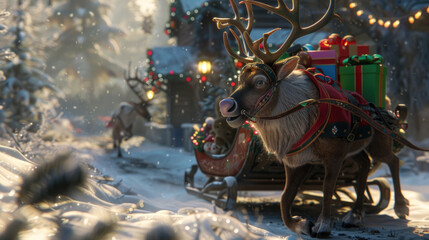 A reindeer with antlers is pulling a sleigh filled with presents through a snowy landscape. The reindeer is harnessed and appears to be moving steadily - obrazy, fototapety, plakaty