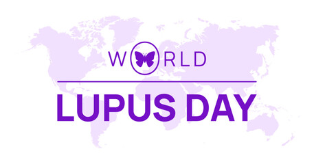 World lupus day awareness month background. Purple butterfly and world map, chronic autoimmunity awareness. Banner poster, flyer and background design. Vector illustration