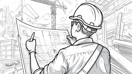 Worker holding blueprint, engineers compass, pencil, crane, doodle concept. Modern illustration of engineer wearing helmet with work tools.