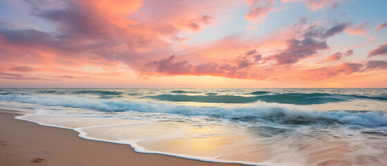 Serene Beach Sunset with Vibrant Skies and Gentle Waves - obrazy, fototapety, plakaty