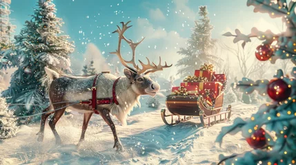 Fotobehang A reindeer is seen pulling a sleigh through a dense snowy forest filled with pine trees © sommersby