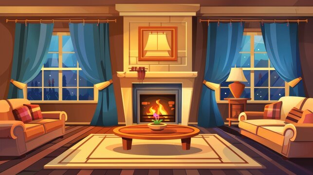 A living room with burning fireplace, furniture with pillows, a daybed, and a wooden coffee table with flowers in vases. Cartoon modern illustration of a bookcase and curtained windows.