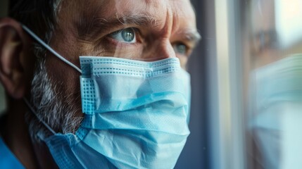 A man wearing a blue surgical mask is looking out a window