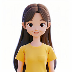 Simple teen character 3d render avatar, smiling wavy haired girl in golden yellow t-shirt. Cute minimalistic style
