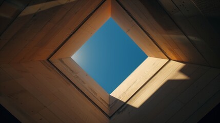 blue sky seen through a minimalist wooden ceiling skylight in a contemporary space