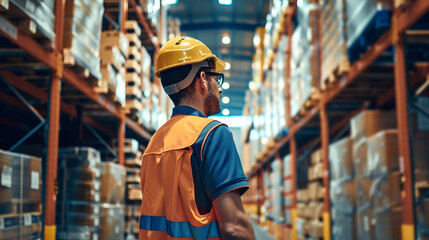 A man in a yellow helmet and orange vest walks through a warehouse