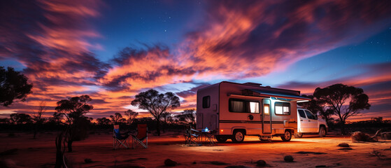 Starry Night Over a Modern Motorhome in a Desert Landscape - obrazy, fototapety, plakaty