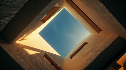 geometric skylight design in modern building with warm sunlight casting shadows