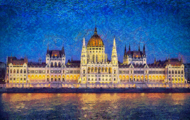 Night view of the brightly illuminated parliament building in Budapest, Hungary. Impressionist oil painting, digital imitation.