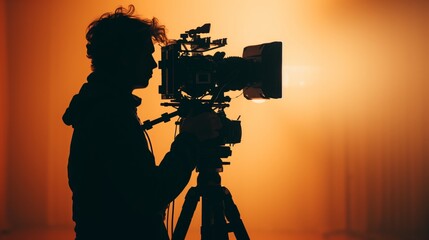 cinematography in action silhouette of filmmaker and camera in studio light