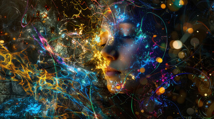 A womans face is illuminated with vibrant colored lights while surrounded by floating bubbles