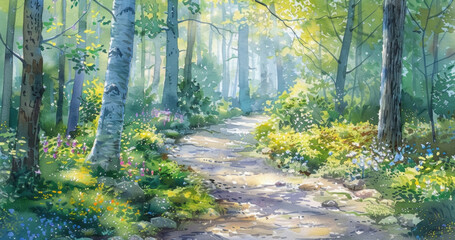 Watercolor painting depicting a winding path cutting through a dense forest, with trees, bushes, and sunlight streaming through the foliage