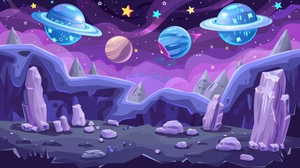 Cartoon space game level map with alien planets. Modern illustration of cosmos, universe future trip with ufo saucers and bonus stars. - obrazy, fototapety, plakaty