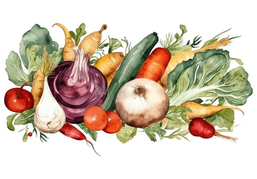 Assorted fresh vegetables and fruits for a healthy vegetarian diet, on transparent background with png file. Cut out background.