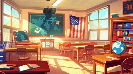 The interior of an English language classroom with furniture and supplies. Wooden student desks, a blackboard, the American flag in the globe, textbooks, alphabet and alphabet. Cartoon modern