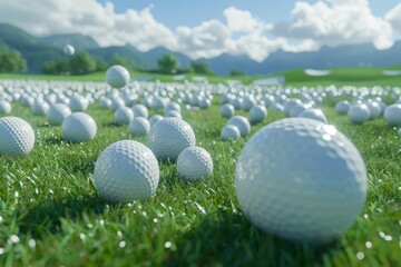 Scenic Golf Course Landscape with White Golf Balls in Grassy Field, Blue Sky and Mountain Background