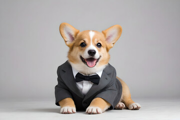 A welsh corgi puppy in a suit is sitting on the floor.