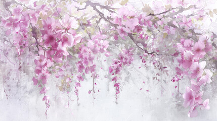 A painting featuring intricate pink flowers against a clean white backdrop, showcasing delicate petals and vibrant hues