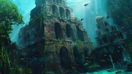 A painting featuring a grand castle submerged in the deep ocean, surrounded by vibrant marine life and shimmering coral reefs