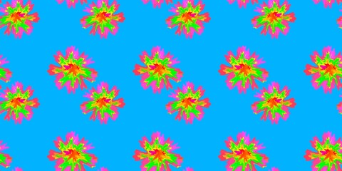 Simple floral flowers seamless pattern, summer spring, bright vivid colors green neon orange yellow children kids funny cute blue pink