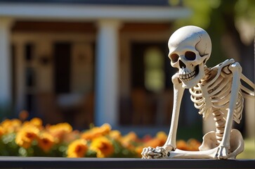 Decorative illustration of happy playful skeleton with blurred sunny backyard background. Generative AI