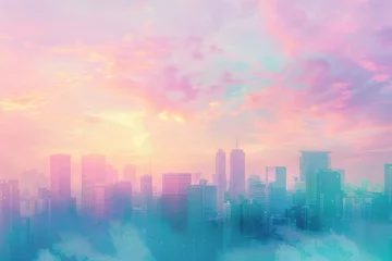 Poster Colorful realistic cityscape landscapes with light azure and pink and clouds. Sunlight. Soft © Wasin