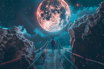 Space man standing on a bridge at night with moon background
