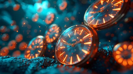 Multiple floating clocks with a glowing orange hue in a surreal blue environment. - obrazy, fototapety, plakaty