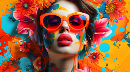 woman in orange sunglasses on bright background with colorful paint spots and flowers.
