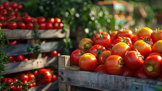 Pushing towards crates filled with fresh tomatoes on a farm