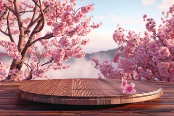 Naklejka na ściany i meble Wooden platter and pink sakura on blurred mountain landscapes background. Romantic. Product showcase. Photorealistic