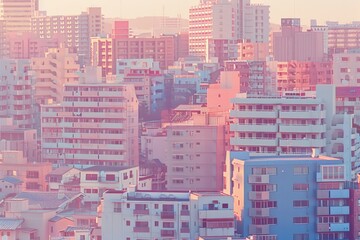 Obraz premium Colorful realistic cityscape landscapes with light azure and pink and clouds. Sunlight. Soft