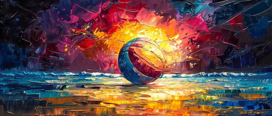 Palette knife oil artwork of a volleyball beach ball, body in bright colors, against a dynamic background with colorful highlights and theatrical lighting - obrazy, fototapety, plakaty