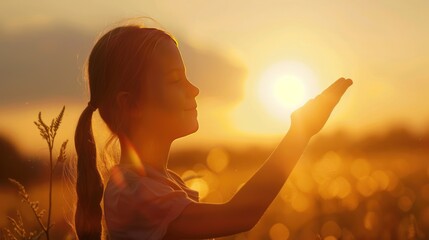 Reaching out to the sun, happy girl at sunset, sunlight shining on her hand, solar system star, happy family concept, touching a dream, asking for help from God