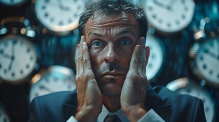 Portrait of a stressed man with multiple clocks in the background symbolizing pressure and time constraints.