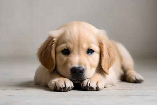 A Golden Retriever puppy is lying on the floor.
