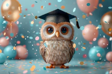 Poster Cute owl in graduation cap on background of confetti and balloons. Graduation banner. Illustration © Iryna
