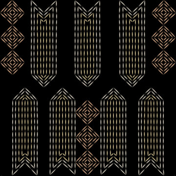 Sashiko stitch metallic color set of patterns seamless geometric arrow shape with black background 