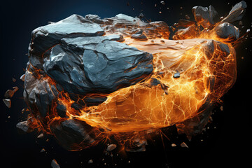 Obraz premium A rock spewing out a large amount of fire with intense heat and bright flames, emitting smoke and causing a fiery spectacle