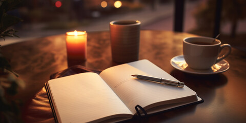 book and candle, A image of an open notebook and pen placed on a coffee table, suggesting a moment of reflection or journaling during leisure time