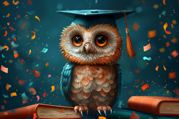 Owl in graduation cap sitting on stack of books. Graduation banner. Illustration