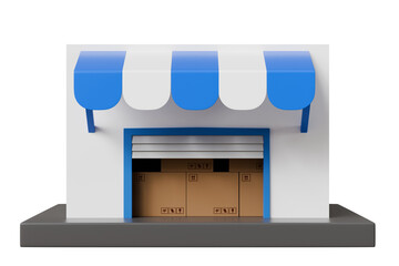 3d Warehouse building store cargo with cardboard boxes or parcel storage shipment sorting center icon. logistic and factory concept. minimal warehouse building icon creative design 3d rendering.