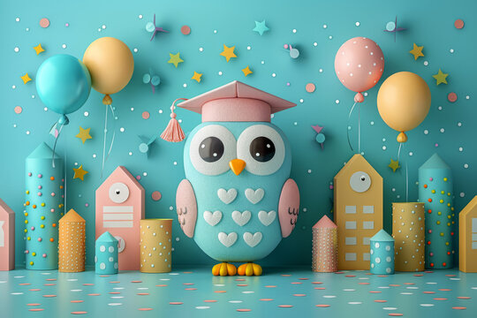 Cute toy owl in graduation cap on background of confetti and balloons. Graduation banner. Illustration