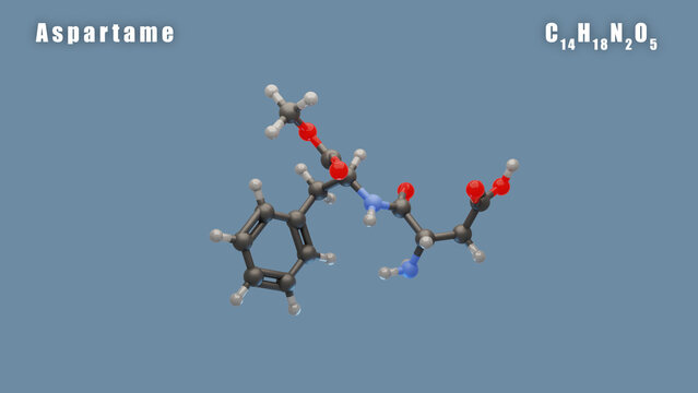 Aspartame molecule of C14H18N2O5 3D Conformer render. Food additive E951. Isolated background.
