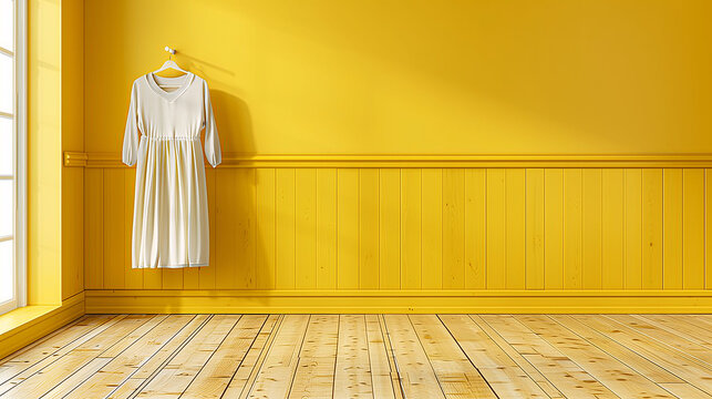 Elegant white dress hanging on a hanger against a vibrant yellow wall with wooden paneling and a sunlit wooden floor, creating a warm, minimalist fashion interior scene.