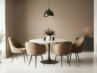 Dining room in beige, taupe, ivory colors. 4 chairs and a round black table. Accent empty wall mockup for menu, template blank cover. Kitchen or restaurant area. Office or lounge. 3d render
