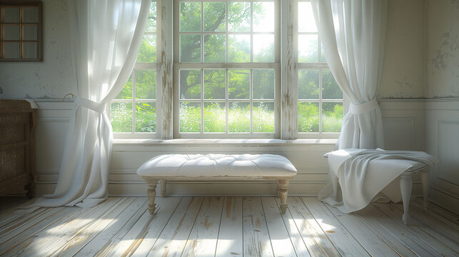 Serene interior with sunlight streaming through sheer curtains onto a vintage wooden bench and floor, creating a peaceful, airy atmosphere in a rustic room.